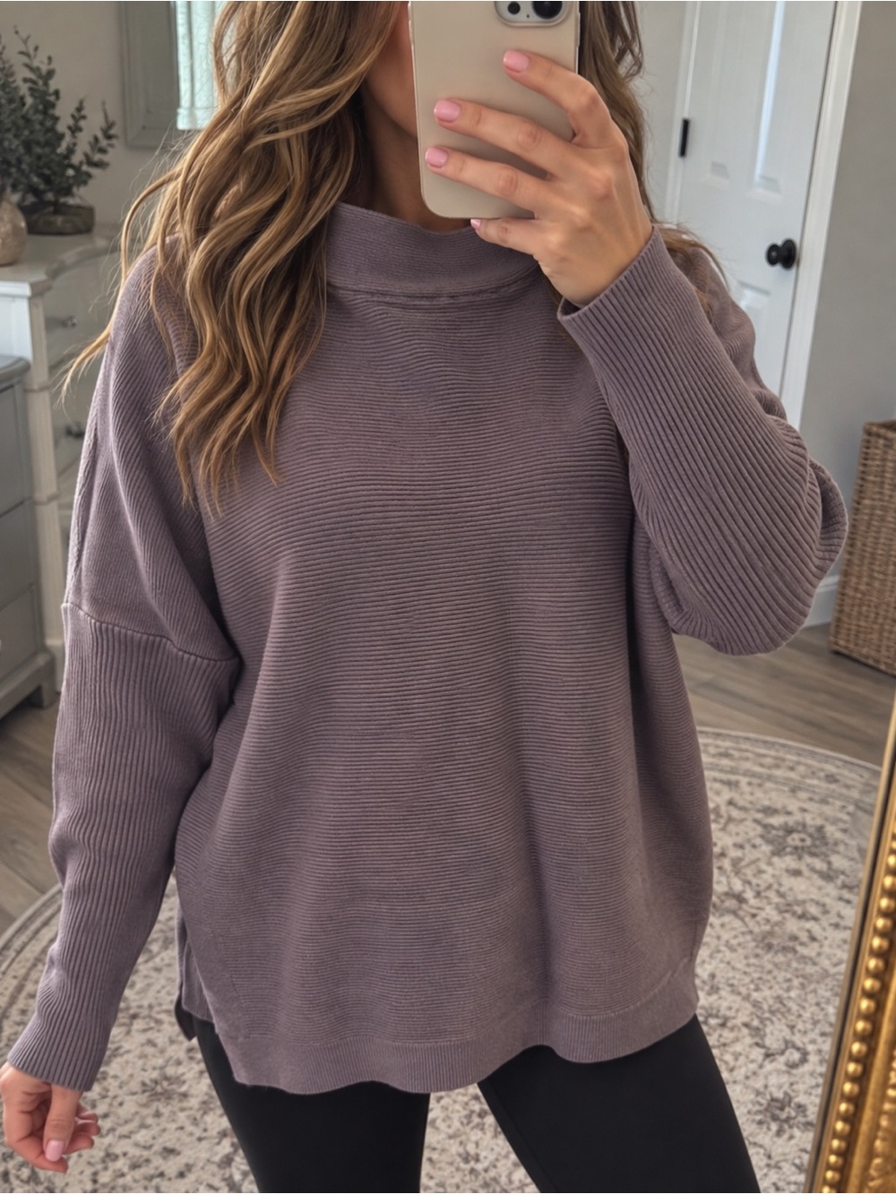 ANRABESS M Oversized Ribbed Mock Neck Sweater Mauve Purple High Low
